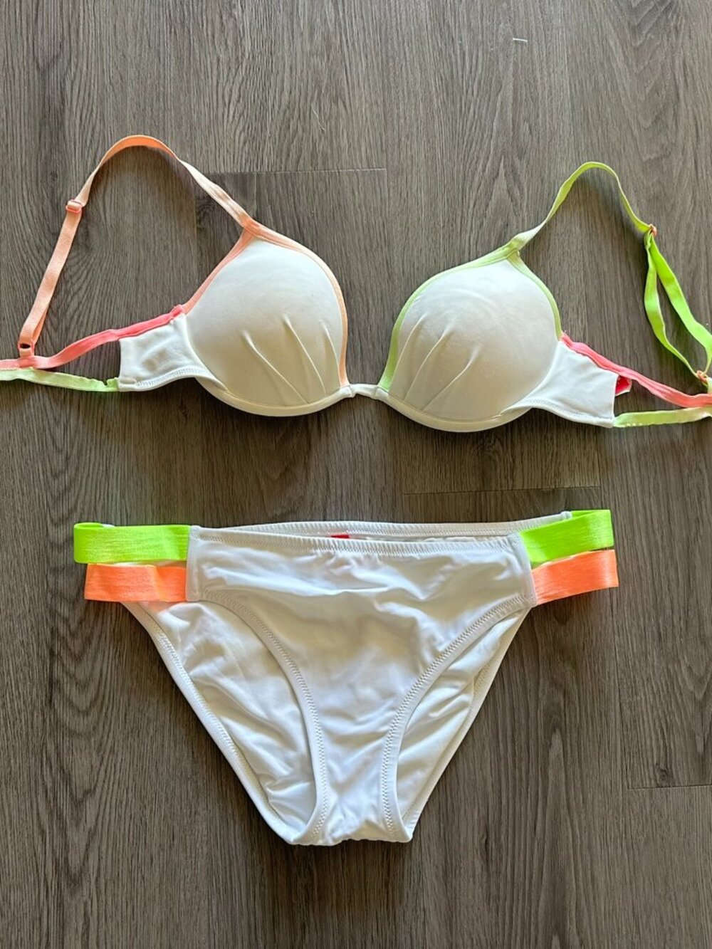 Victoria's Secret Triangle Top & Strappy Split Bottom Swimsuit Bikini White Neon